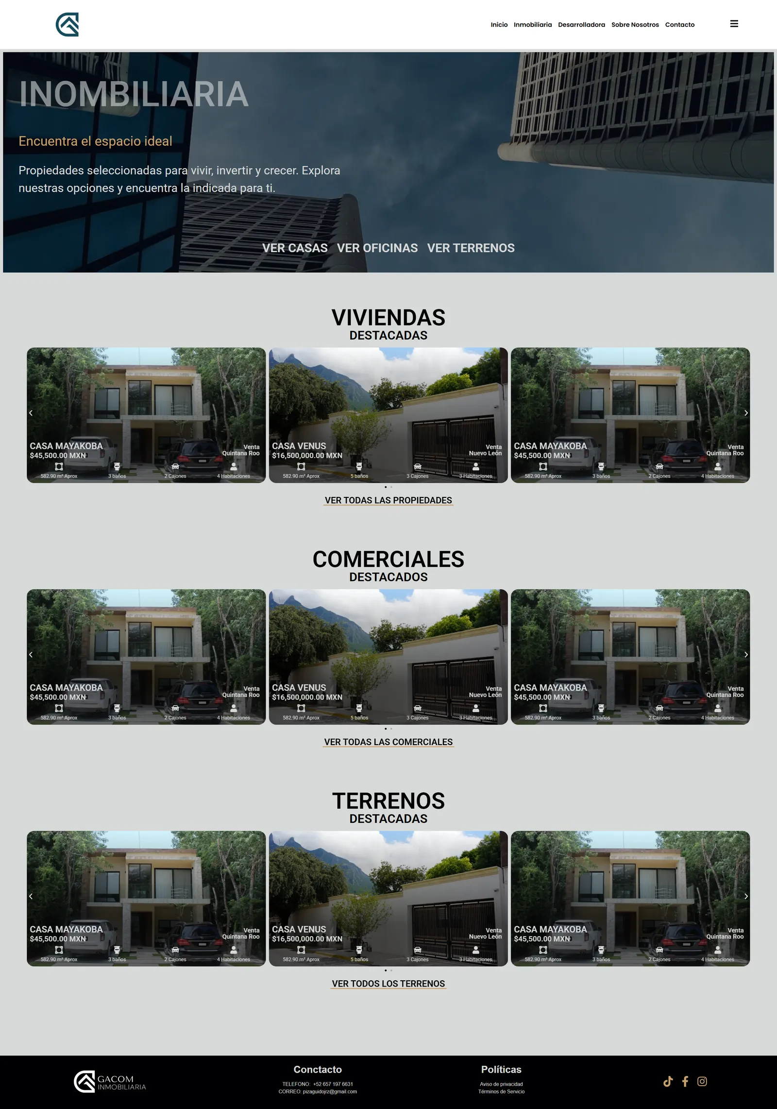 New Inmobiliaria hub — featured homes, commercial, and land